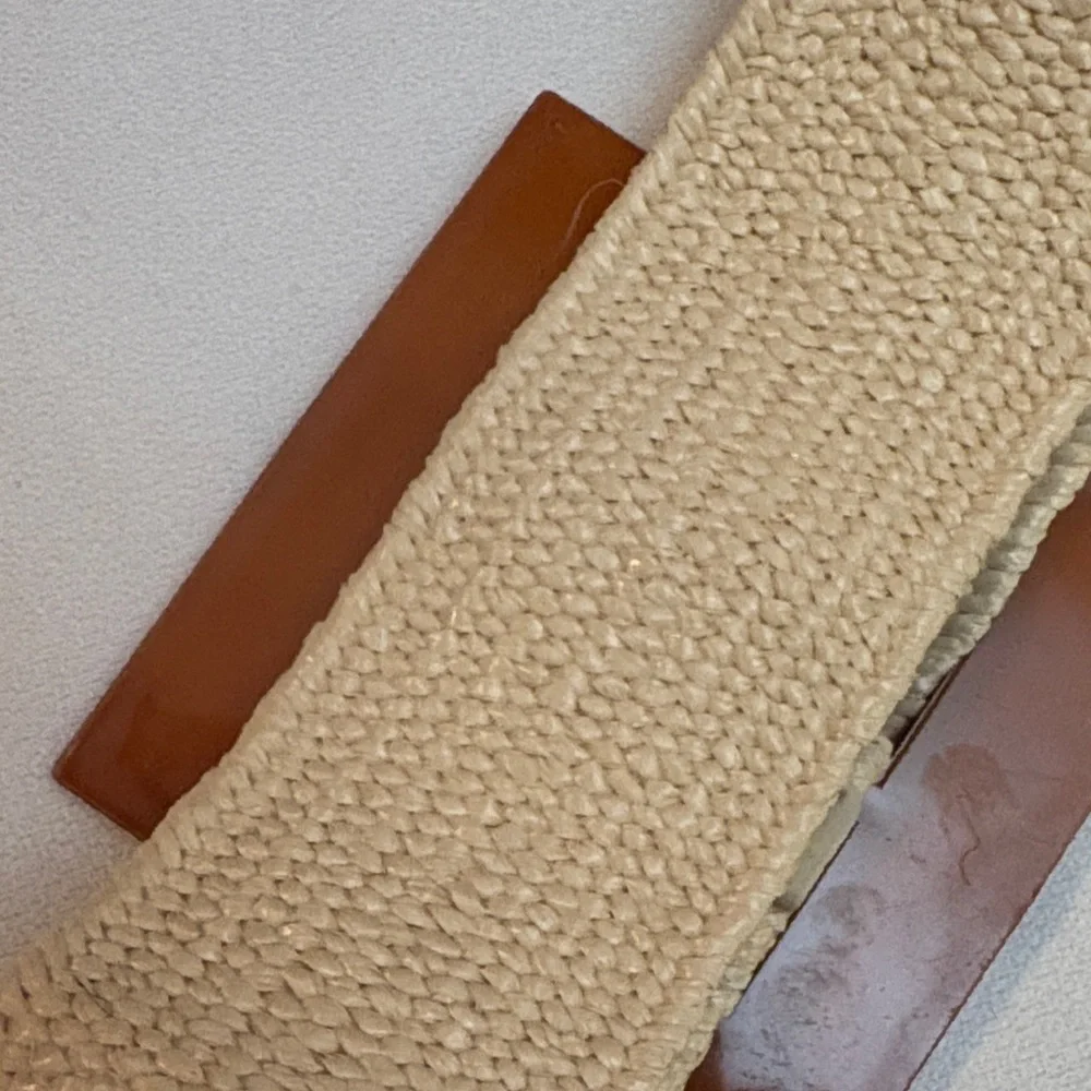 Woven Cream Wide Women’s Belt with Brown Woven Straw-Look Buckle